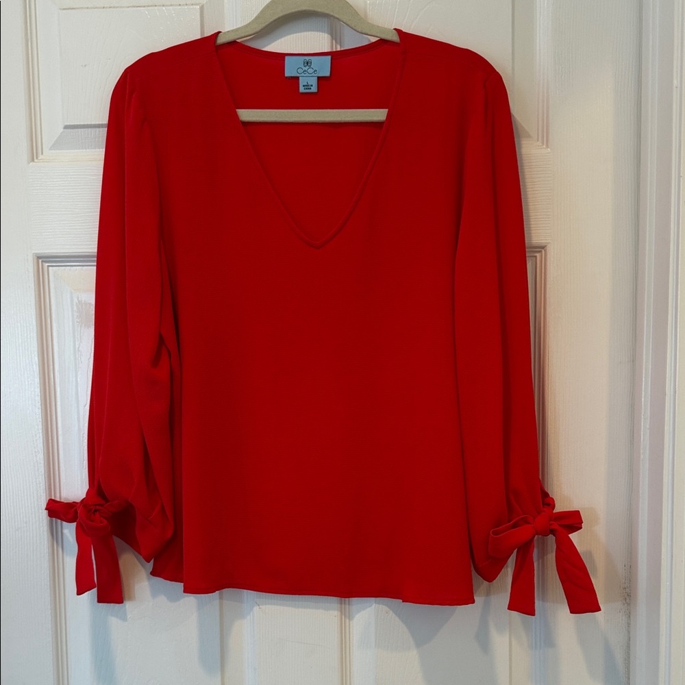 CeCe Vibrant Red V-Neck Blouse with Tie Sleeves